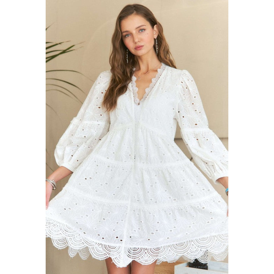 ADORA Lace Detail Tiered Eyelet V-Neck Babydoll Dress White / S Apparel and Accessories