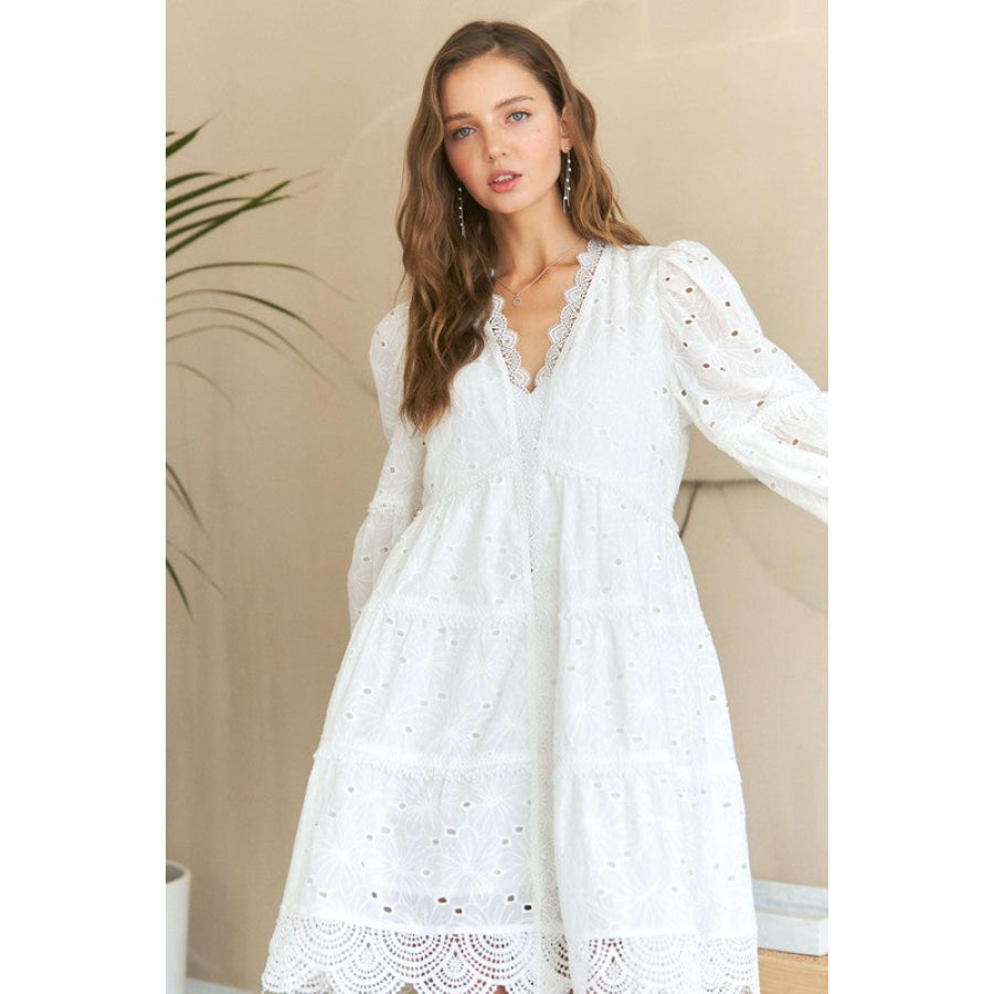 ADORA Lace Detail Tiered Eyelet V-Neck Babydoll Dress White / S Apparel and Accessories