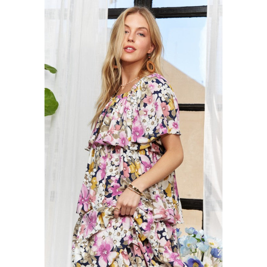 ADORA Layered Floral Off-Shoulder Short Sleeve Maxi Dress Apparel and Accessories