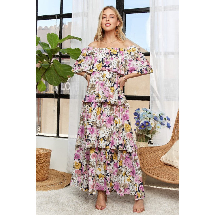 ADORA Layered Floral Off-Shoulder Short Sleeve Maxi Dress Apparel and Accessories