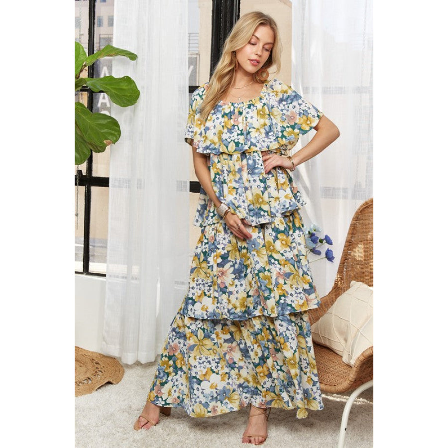 ADORA Layered Floral Off-Shoulder Short Sleeve Maxi Dress Apparel and Accessories