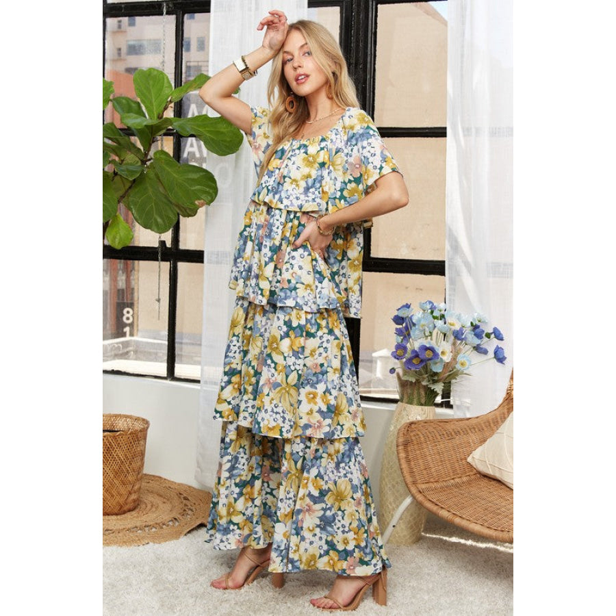 ADORA Layered Floral Off-Shoulder Short Sleeve Maxi Dress Apparel and Accessories