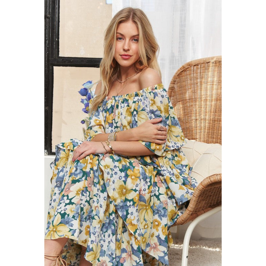 ADORA Layered Floral Off-Shoulder Short Sleeve Maxi Dress Apparel and Accessories