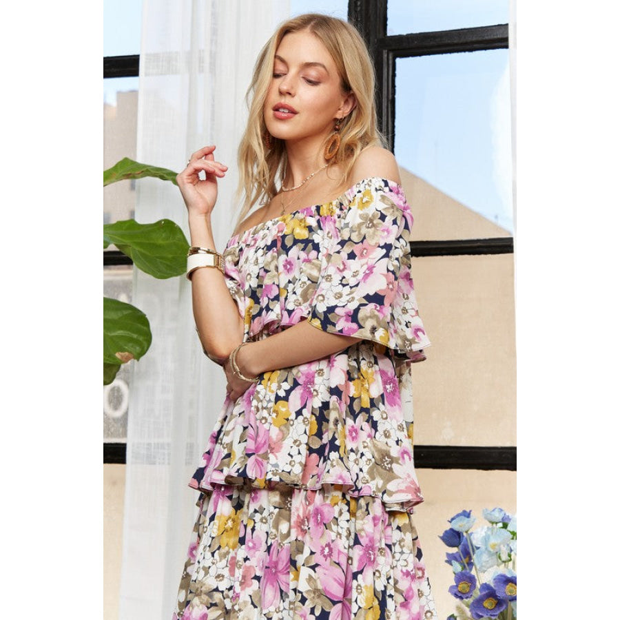 ADORA Layered Floral Off-Shoulder Short Sleeve Maxi Dress Apparel and Accessories