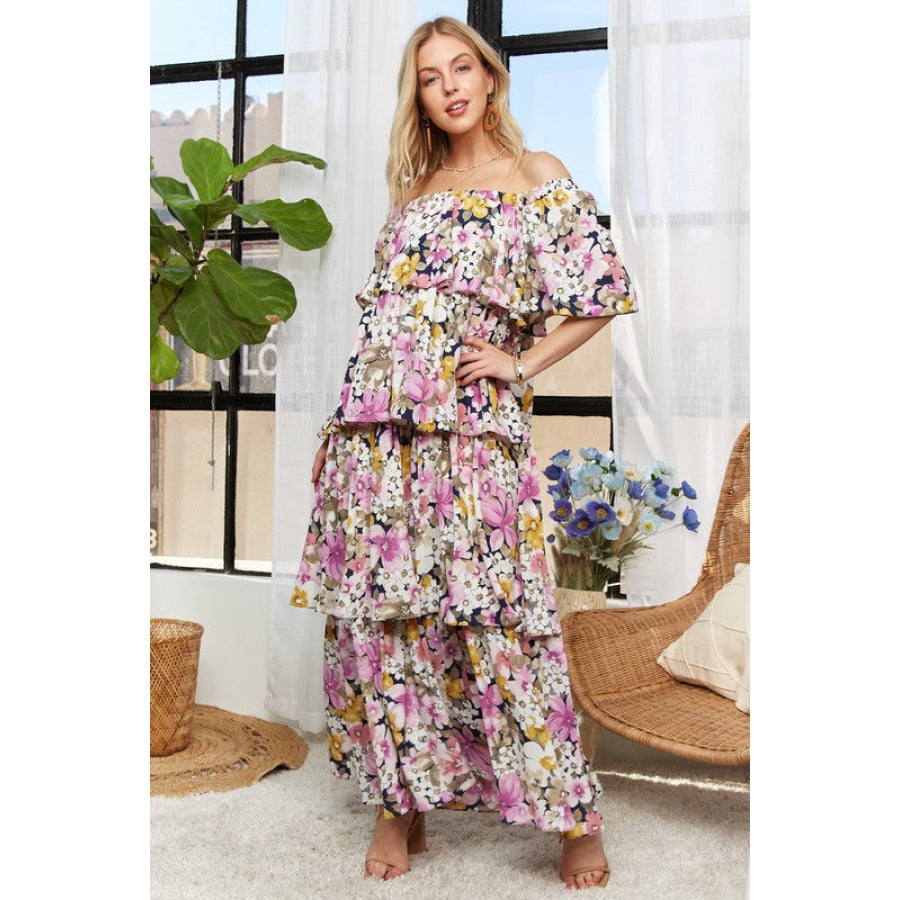 ADORA Layered Floral Off-Shoulder Short Sleeve Maxi Dress Apparel and Accessories