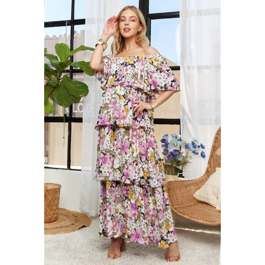 ADORA Layered Floral Off-Shoulder Short Sleeve Maxi Dress Apparel and Accessories