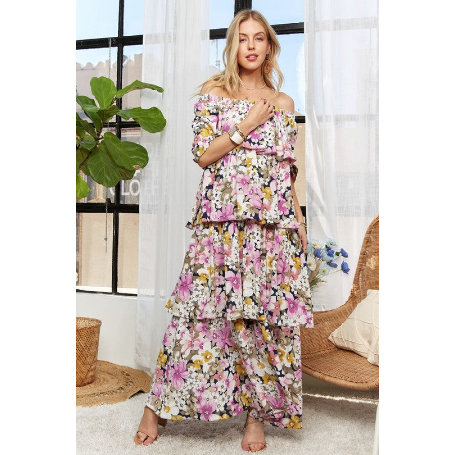 ADORA Layered Floral Off-Shoulder Short Sleeve Maxi Dress Apparel and Accessories