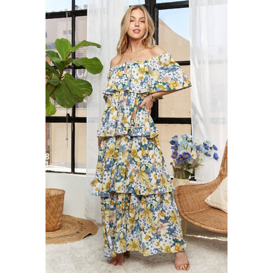 ADORA Layered Floral Off-Shoulder Short Sleeve Maxi Dress Apparel and Accessories