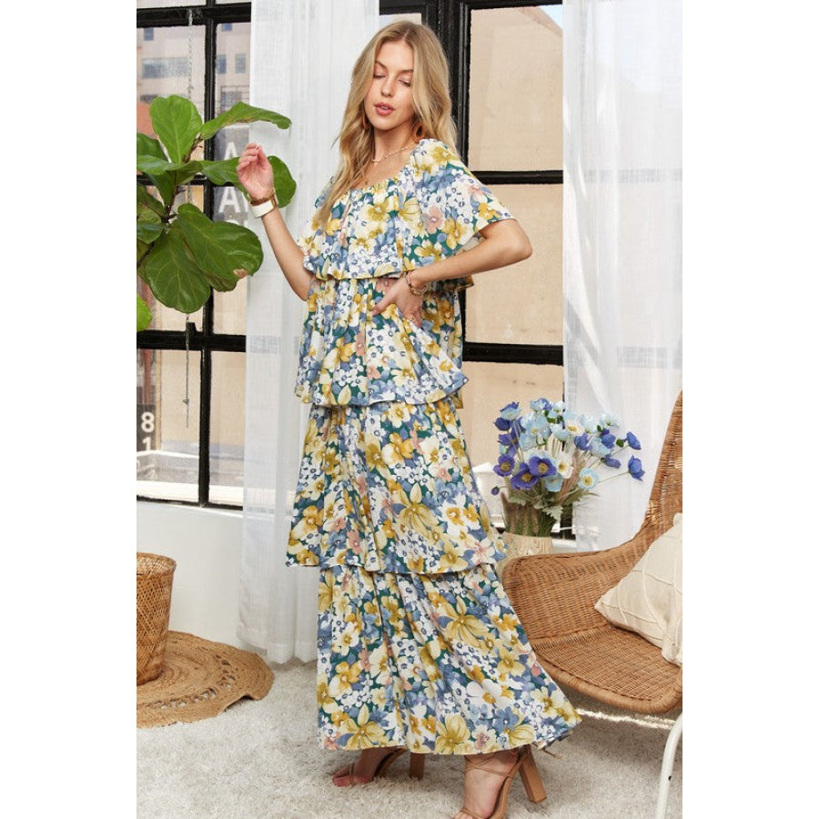 ADORA Layered Floral Off-Shoulder Short Sleeve Maxi Dress Apparel and Accessories