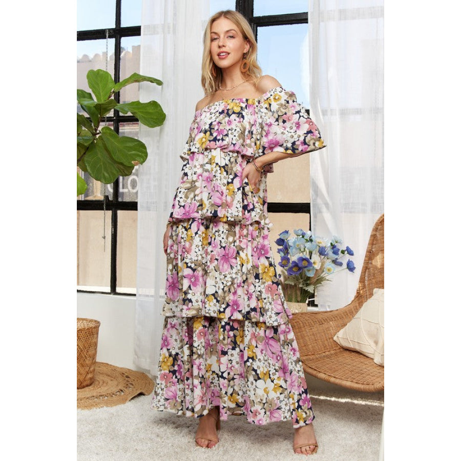 ADORA Layered Floral Off-Shoulder Short Sleeve Maxi Dress Apparel and Accessories