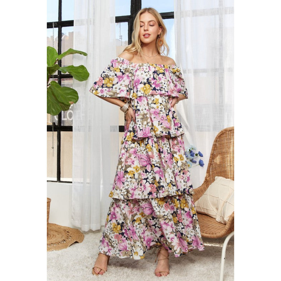 ADORA Layered Floral Off-Shoulder Short Sleeve Maxi Dress Mauve / S Apparel and Accessories