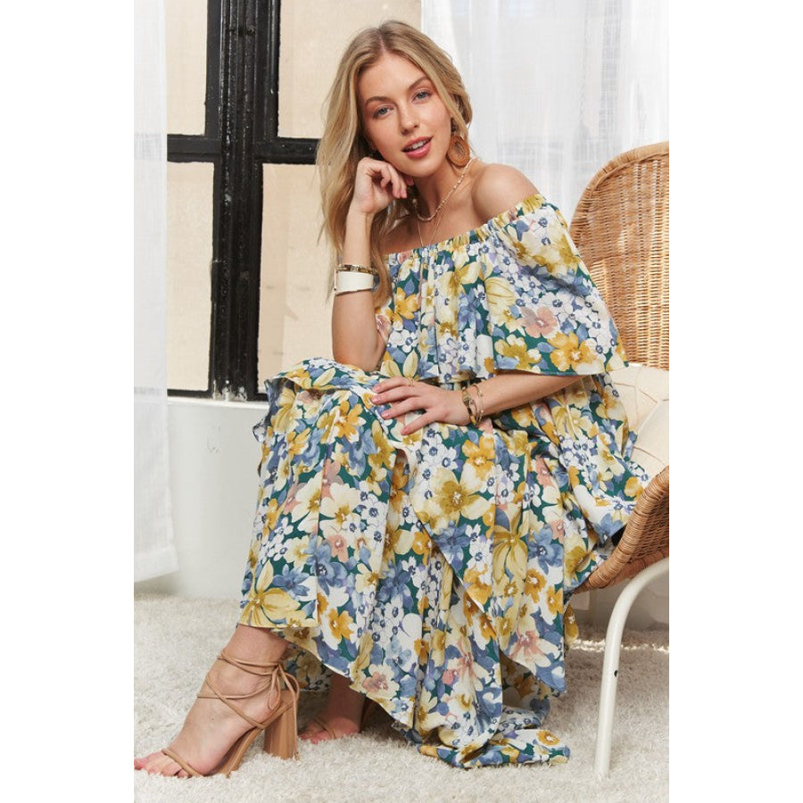 ADORA Layered Floral Off-Shoulder Short Sleeve Maxi Dress NAVY / S Apparel and Accessories