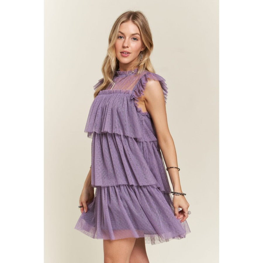 ADORA Layered Ruffled Cap Sleeve Mesh Dress Mauve / S Apparel and Accessories