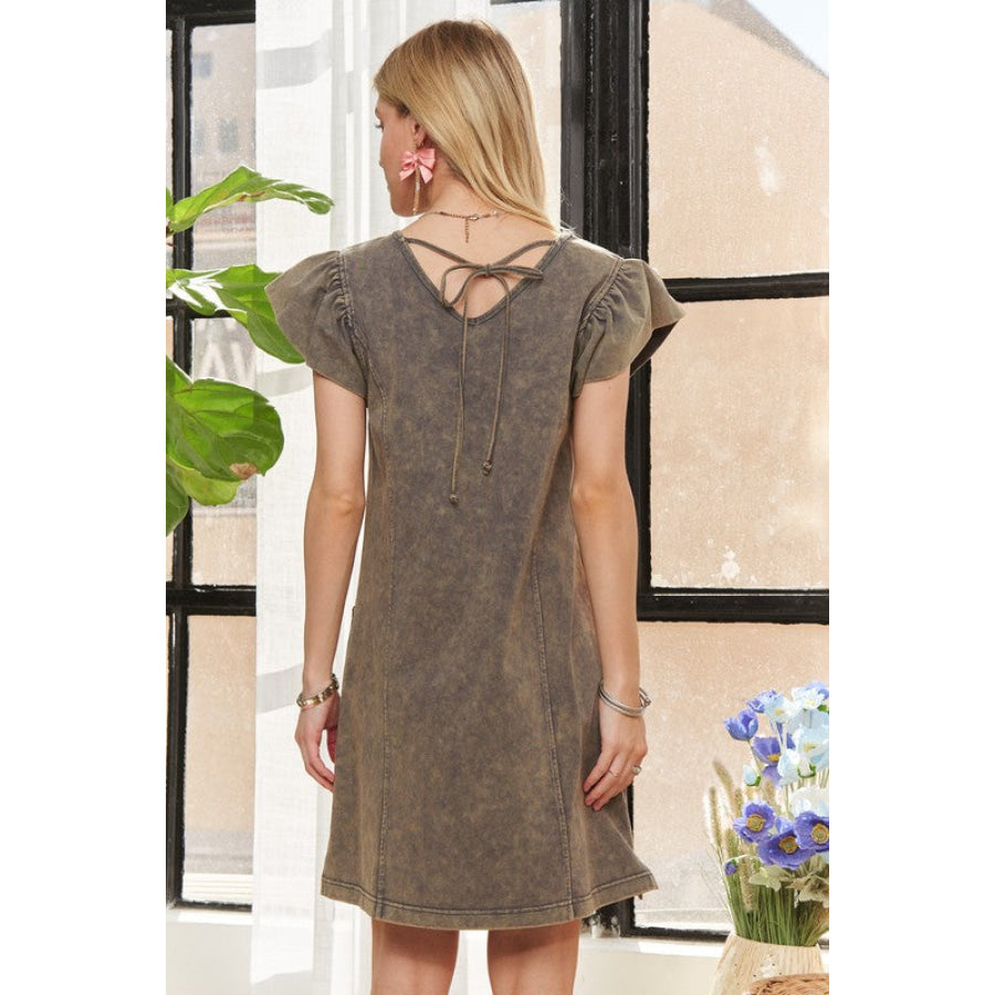 ADORA Mineral Washed V-Neck Ruffled Cap Sleeve Dress Apparel and Accessories