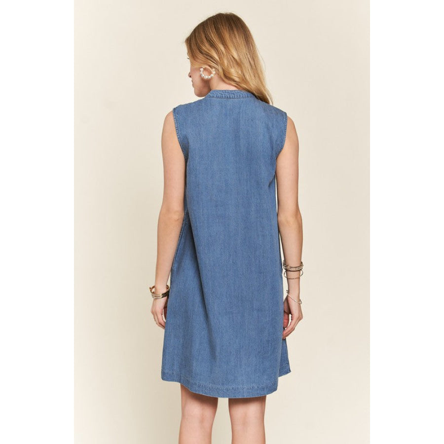 ADORA Notched Sleeveless Denim Dress with Pockets Apparel and Accessories