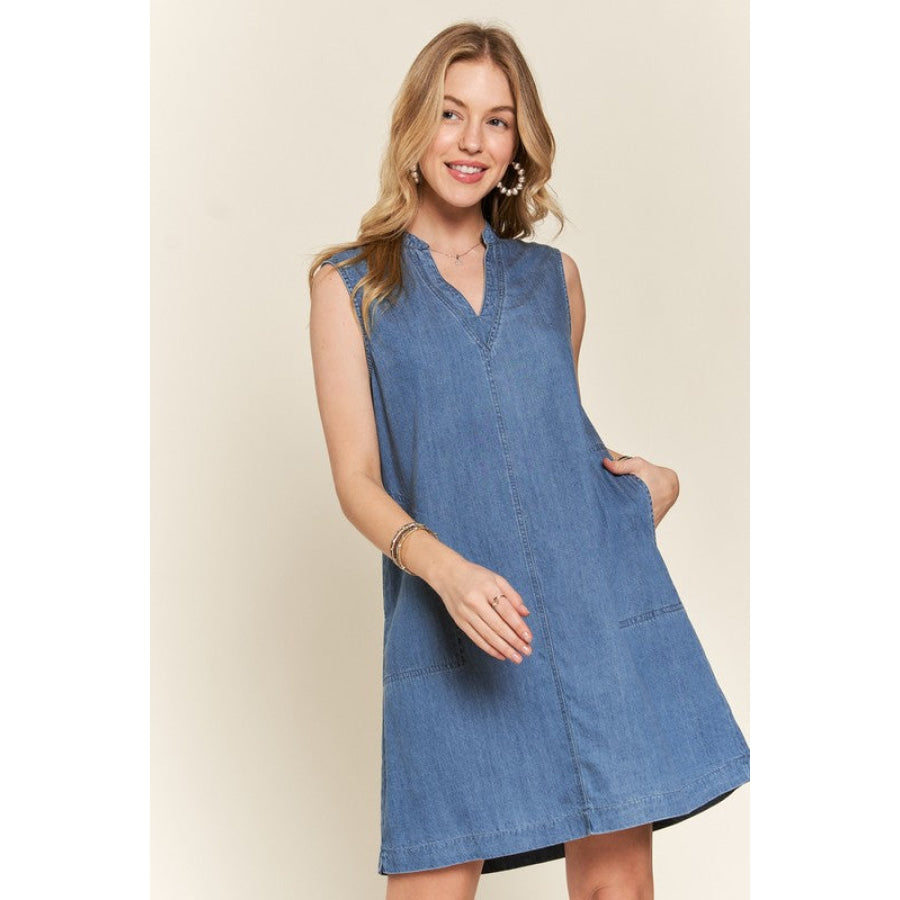 ADORA Notched Sleeveless Denim Dress with Pockets Apparel and Accessories