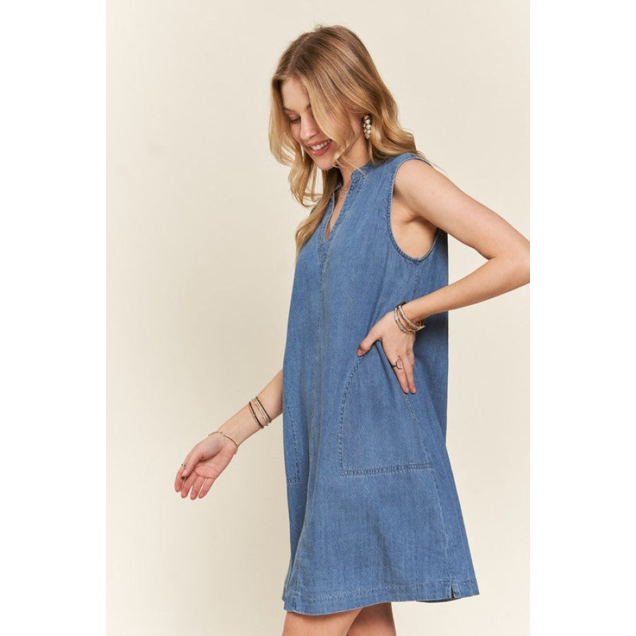 ADORA Notched Sleeveless Denim Dress with Pockets Apparel and Accessories