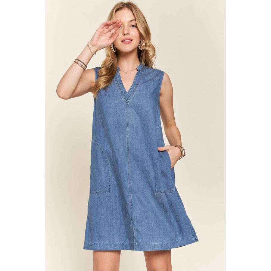 ADORA Notched Sleeveless Denim Dress with Pockets Apparel and Accessories