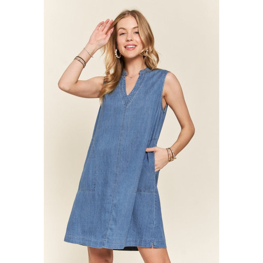 ADORA Notched Sleeveless Denim Dress with Pockets Medium / S Apparel and Accessories