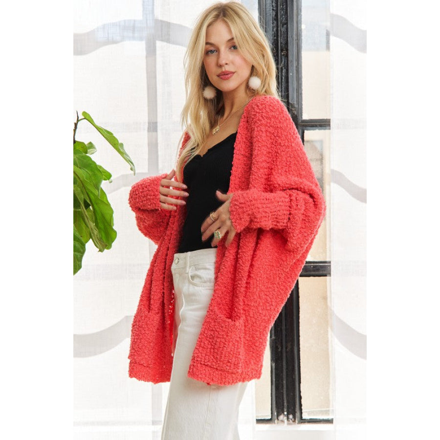 ADORA Popcorn Knit Open Front Long Sleeve Cardigan Coral / One Size Apparel and Accessories