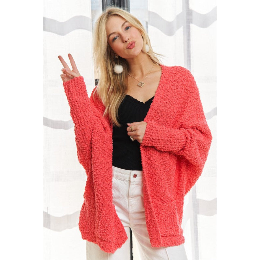 ADORA Popcorn Knit Open Front Long Sleeve Cardigan Coral / One Size Apparel and Accessories
