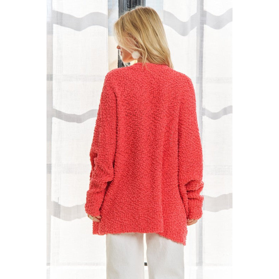 ADORA Popcorn Knit Open Front Long Sleeve Cardigan Coral / One Size Apparel and Accessories