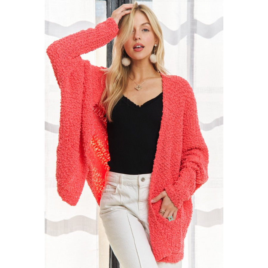 ADORA Popcorn Knit Open Front Long Sleeve Cardigan Coral / One Size Apparel and Accessories