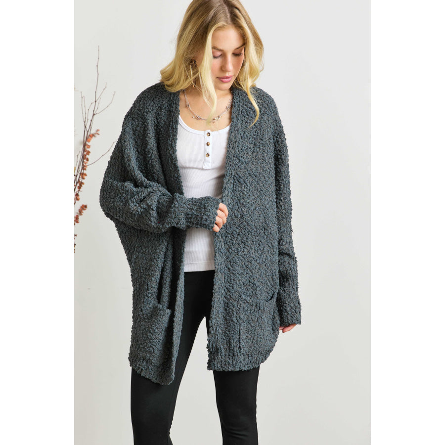 ADORA Popcorn Knit Open Front Long Sleeve Cardigan DARK OLIVE / One Size Apparel and Accessories