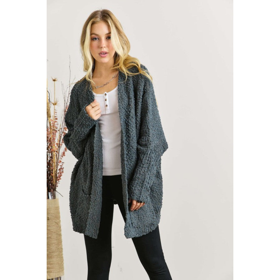 ADORA Popcorn Knit Open Front Long Sleeve Cardigan DARK OLIVE / One Size Apparel and Accessories