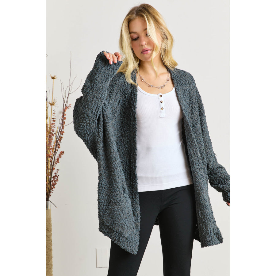 ADORA Popcorn Knit Open Front Long Sleeve Cardigan DARK OLIVE / One Size Apparel and Accessories