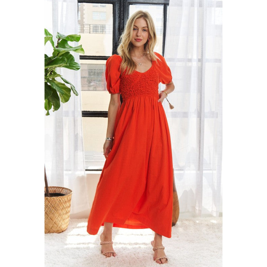 ADORA Popcorn Smocked Puff Sleeve Dress Orange-Red / S Apparel and Accessories