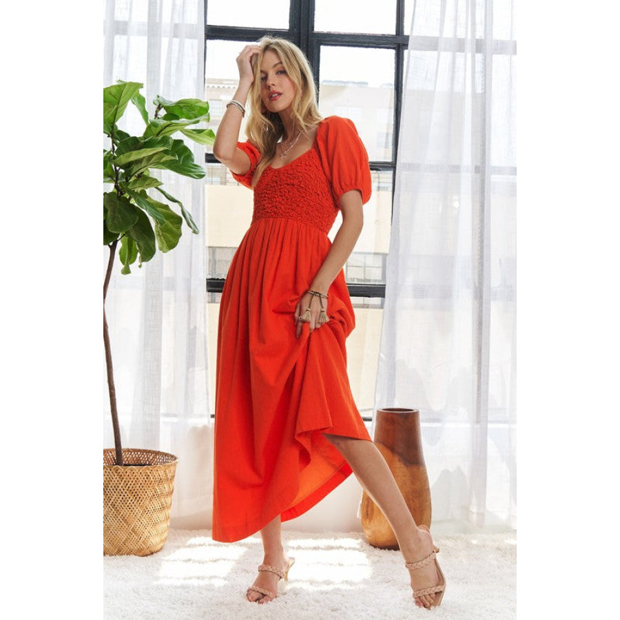 ADORA Popcorn Smocked Puff Sleeve Dress Orange-Red / S Apparel and Accessories