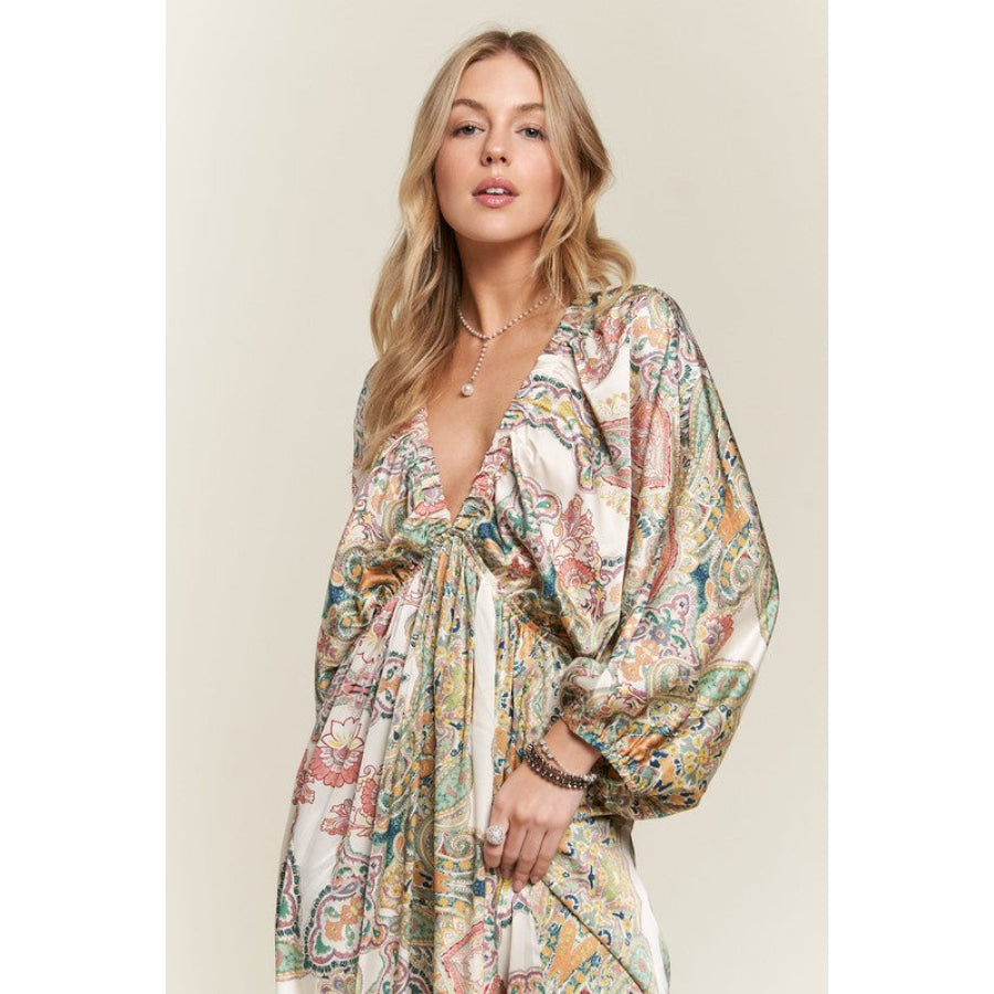 ADORA Printed V-Neck Batwing Sleeve Dress Apparel and Accessories