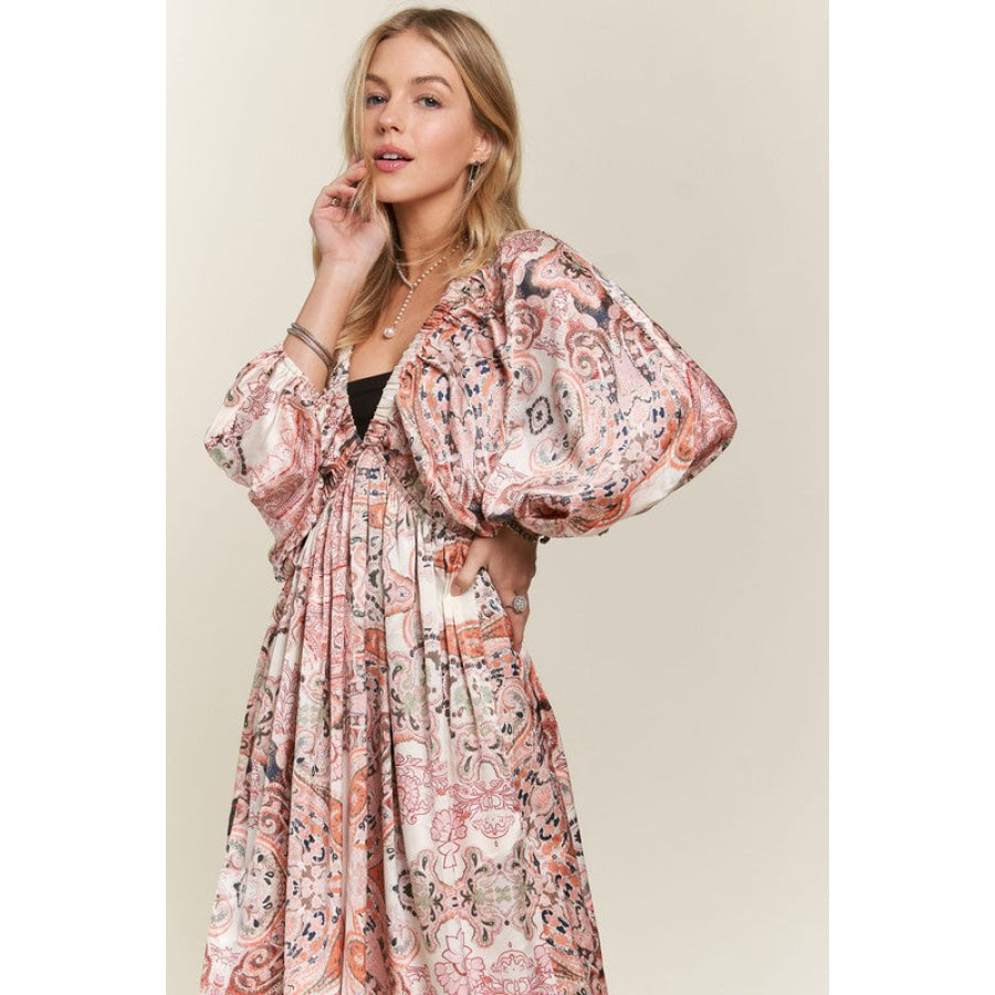 ADORA Printed V-Neck Batwing Sleeve Dress Apparel and Accessories