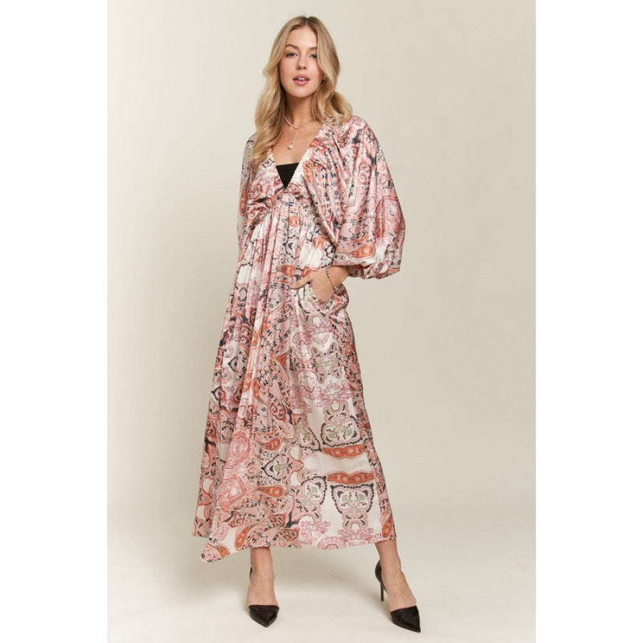 ADORA Printed V-Neck Batwing Sleeve Dress Apparel and Accessories