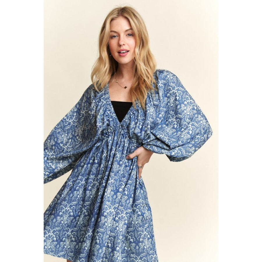 ADORA Printed V-Neck Batwing Sleeve Mini Dress Apparel and Accessories