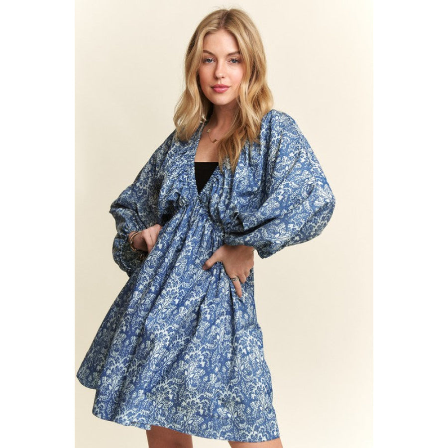 ADORA Printed V-Neck Batwing Sleeve Mini Dress Apparel and Accessories