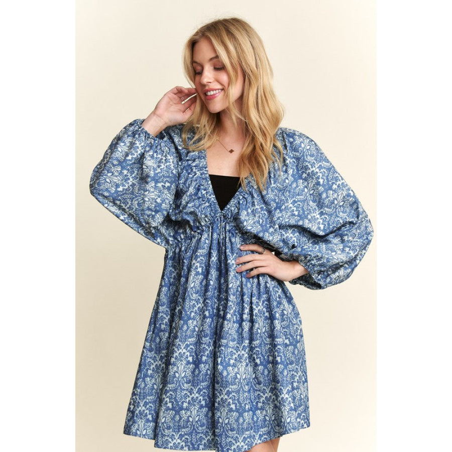 ADORA Printed V-Neck Batwing Sleeve Mini Dress Apparel and Accessories