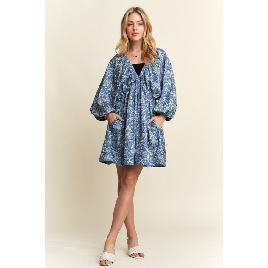 ADORA Printed V-Neck Batwing Sleeve Mini Dress Apparel and Accessories