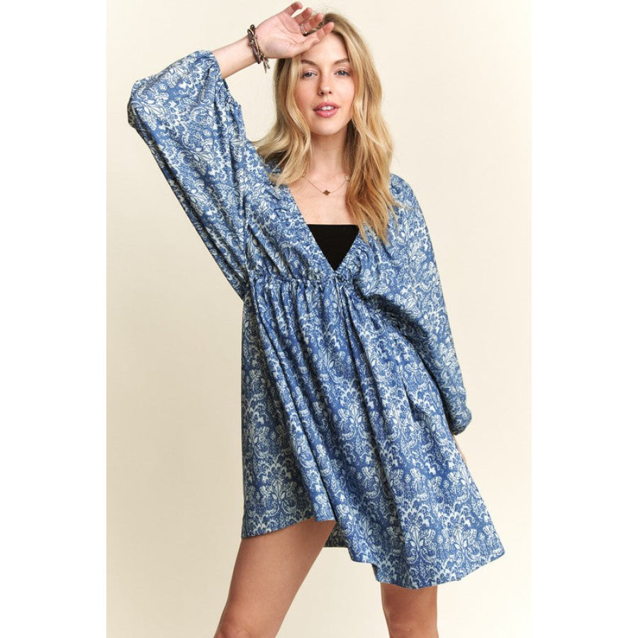 ADORA Printed V-Neck Batwing Sleeve Mini Dress DENIM BLUE / S Apparel and Accessories