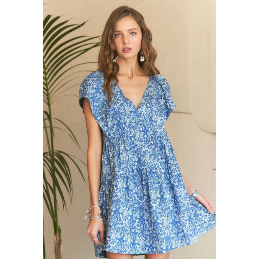 ADORA Printed V-Neck Ruffle Sleeve Mini Dress Apparel and Accessories