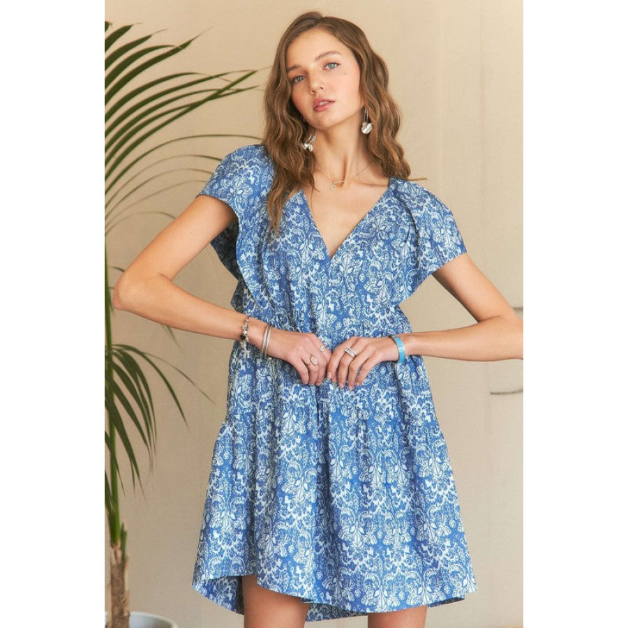 ADORA Printed V-Neck Ruffle Sleeve Mini Dress Denim Blue / S Apparel and Accessories