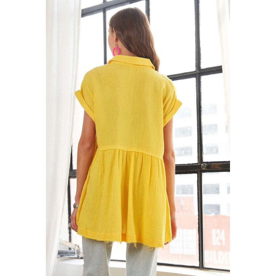 ADORA Raw Hem Collared Neck Button Down Shirt Yellow / S Apparel and Accessories