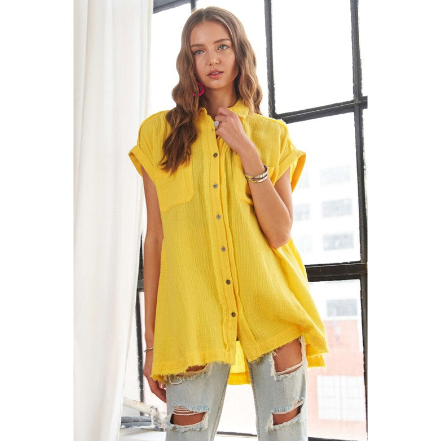 ADORA Raw Hem Collared Neck Button Down Shirt Apparel and Accessories