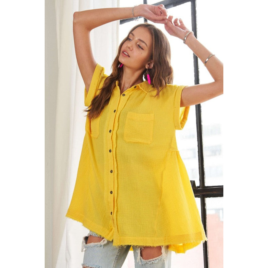 ADORA Raw Hem Collared Neck Button Down Shirt Yellow / S Apparel and Accessories