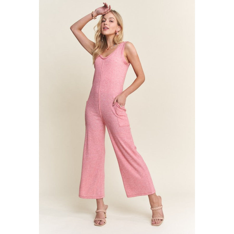 ADORA Ribbed V-Neck Wide Leg Jumpsuit with Pockets 2TONE PINK / S Apparel and Accessories