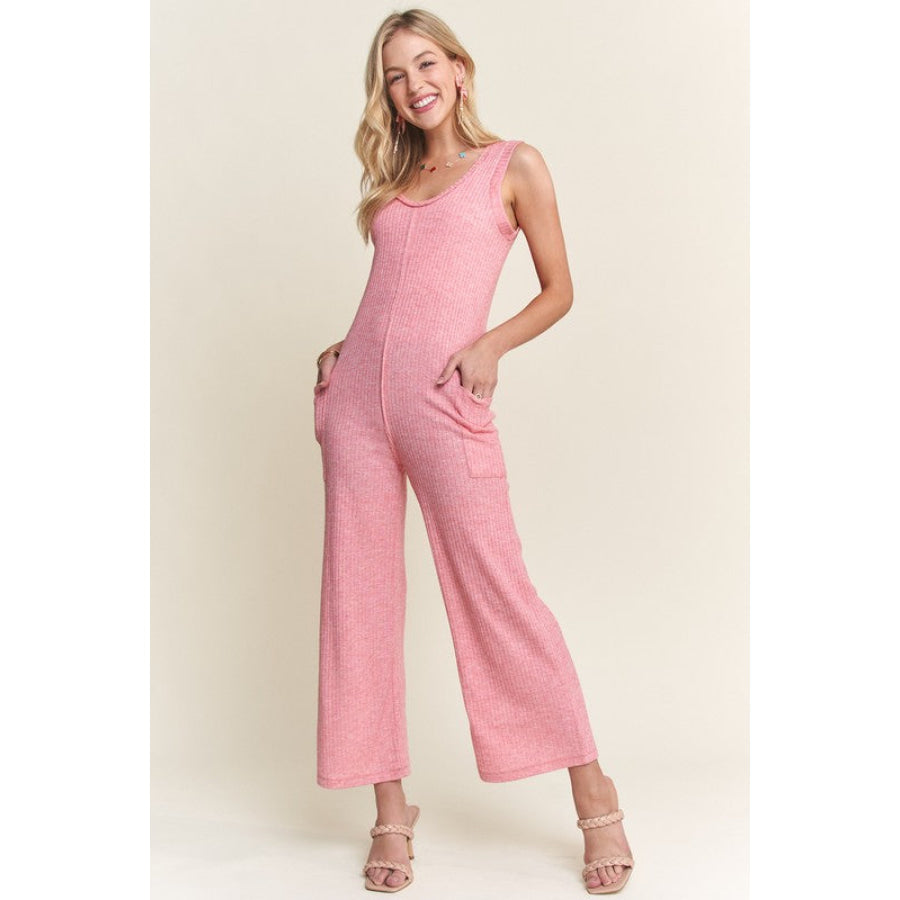 ADORA Ribbed V-Neck Wide Leg Jumpsuit with Pockets Apparel and Accessories