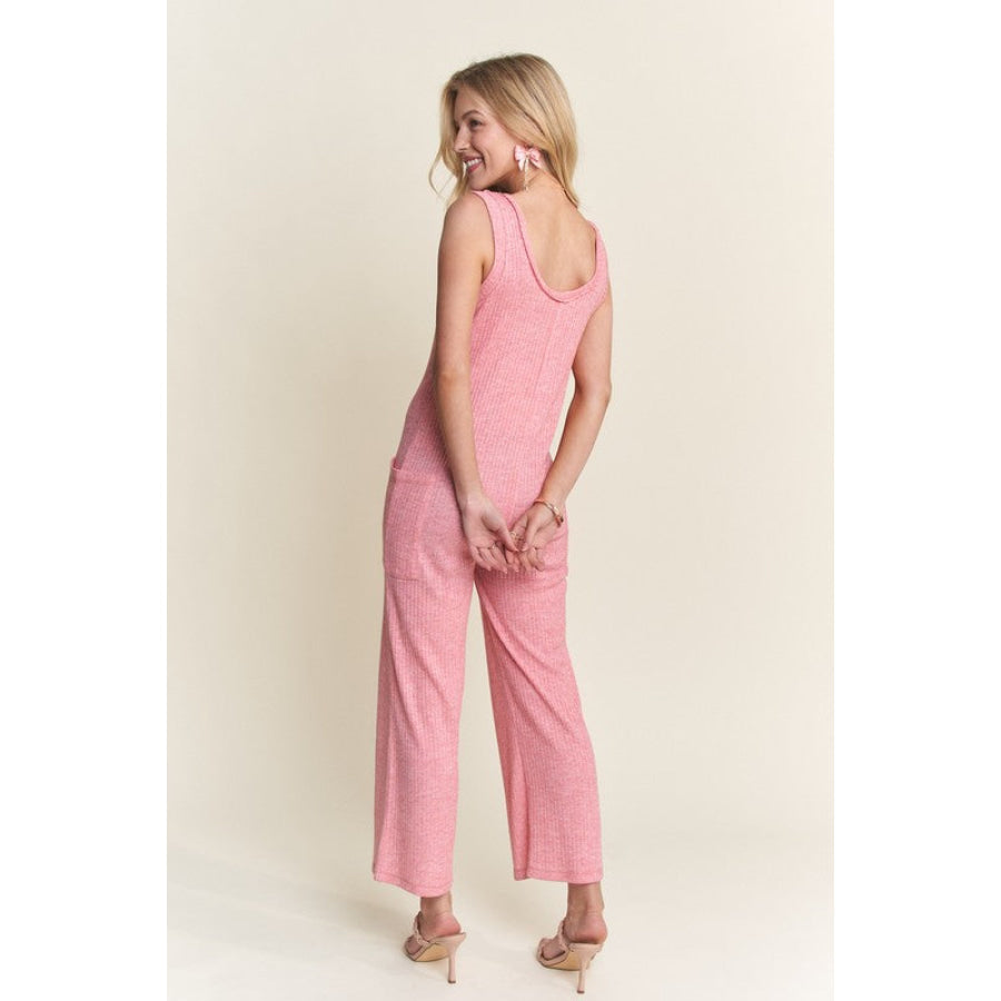 ADORA Ribbed V-Neck Wide Leg Jumpsuit with Pockets Apparel and Accessories