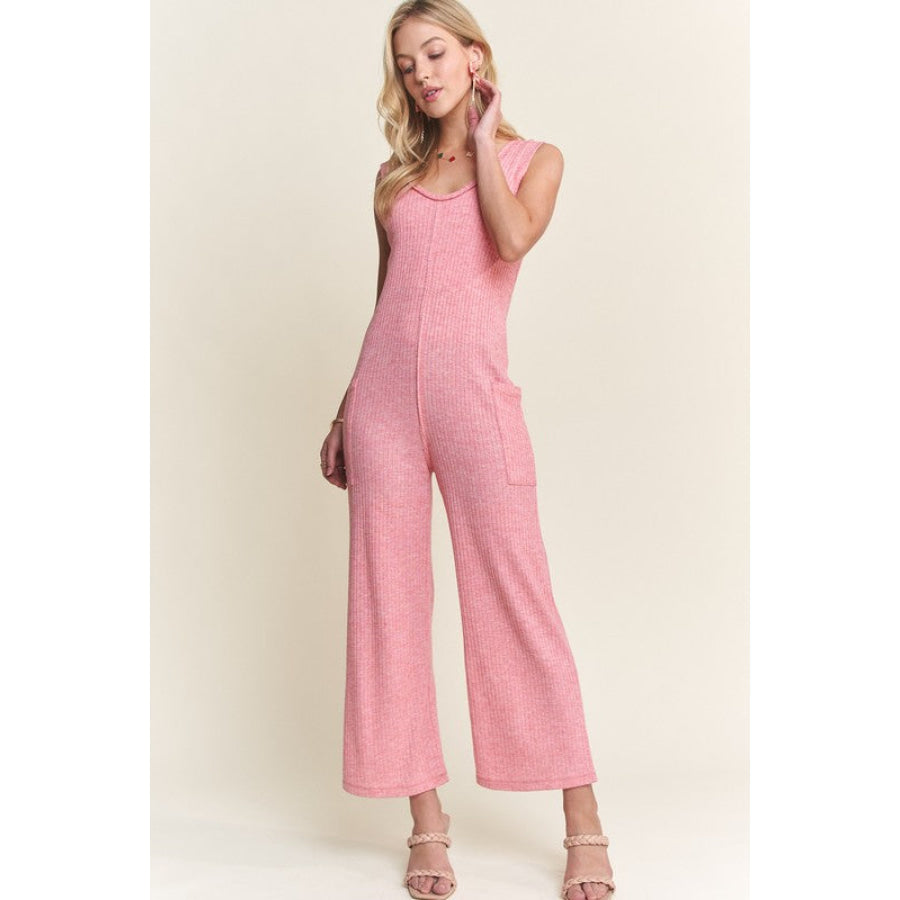 ADORA Ribbed V-Neck Wide Leg Jumpsuit with Pockets Apparel and Accessories