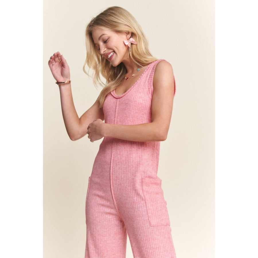 ADORA Ribbed V-Neck Wide Leg Jumpsuit with Pockets Apparel and Accessories